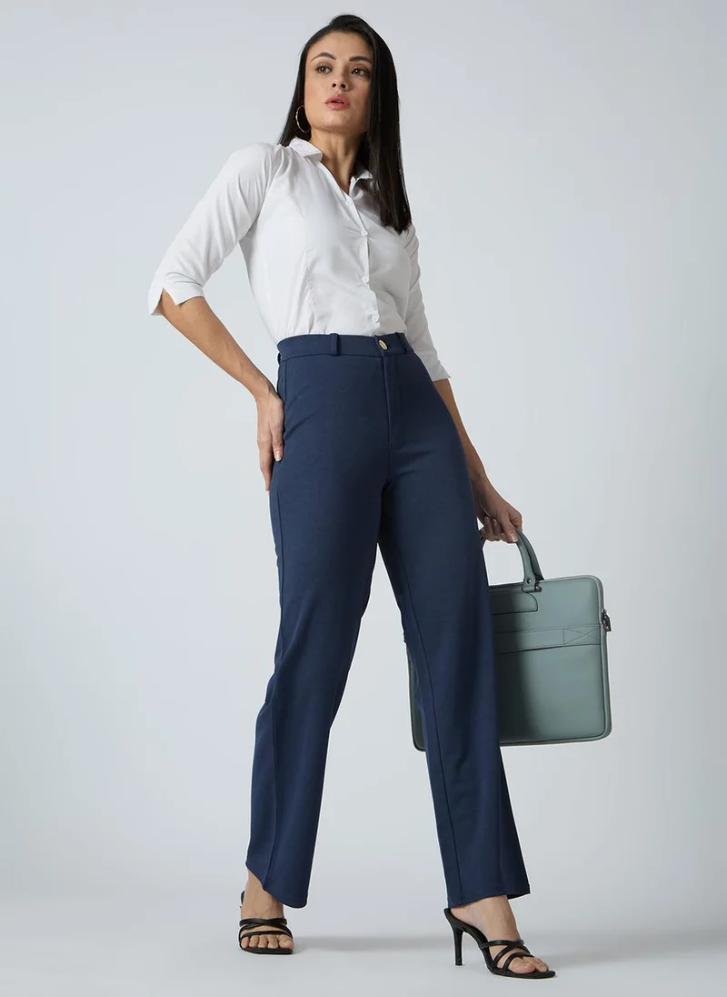 globus Globus Women Self Checked Design Stretchable Mid-Rise Straight Fit Workwear Trousers